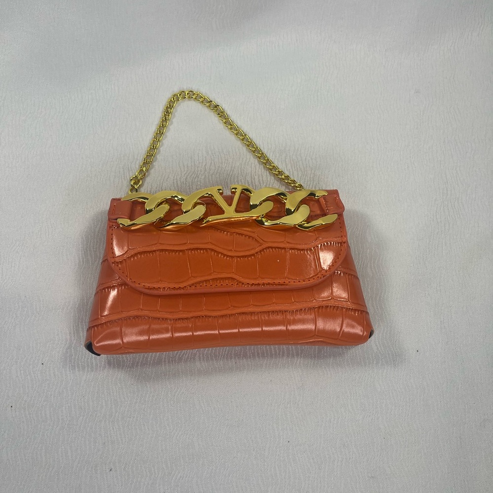 Orange Croc-Embossed Chain Shoulder Belt Bag